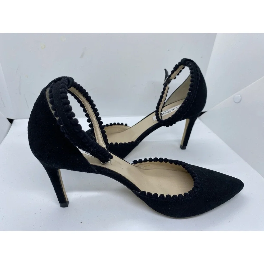 Black LK Bennett Ellora Suede Pom-Pom D'Orsay Ankle Strap Sandal Sz 39 US 8.5